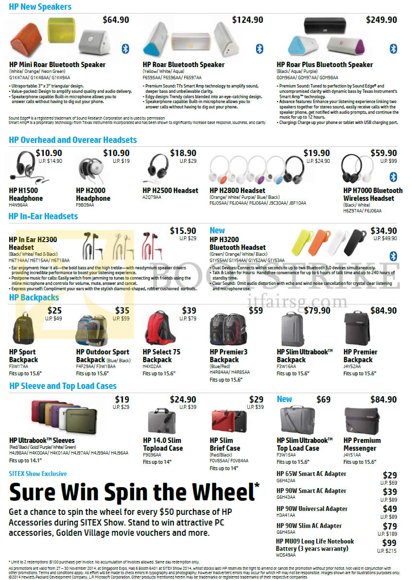 SITEX 2014 price list image brochure of HP Accessories Speakers, Headsets, Backpacks, Sleeve, Top Load Cases, Mini Roar, Roar, H1500, H2000, H2800, H7000, Select 75, H3200