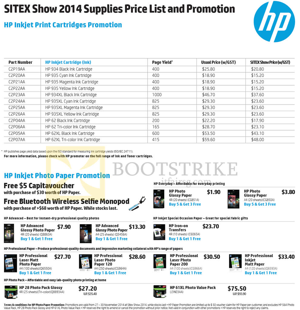 SITEX 2014 price list image brochure of HP Printers Inkjet Print Cartridges, Free Capitavoucher, Photo Papers