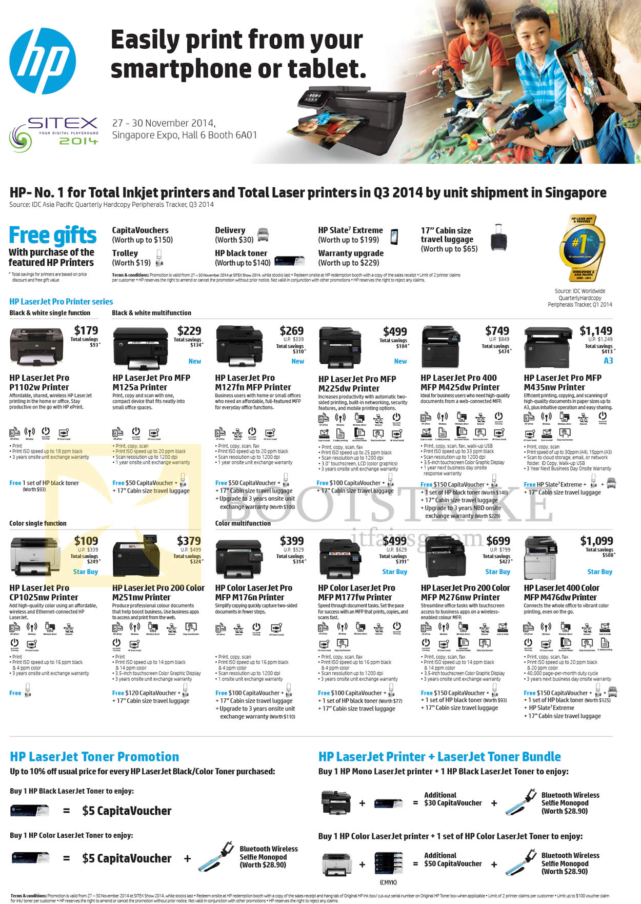 SITEX 2014 price list image brochure of HP Printers LaserJet Pro P1102w, M125a, M225dw, M425dw, M435nw, CP1025nw, M251nw, M176n, M177fw, M276nw, M476dw
