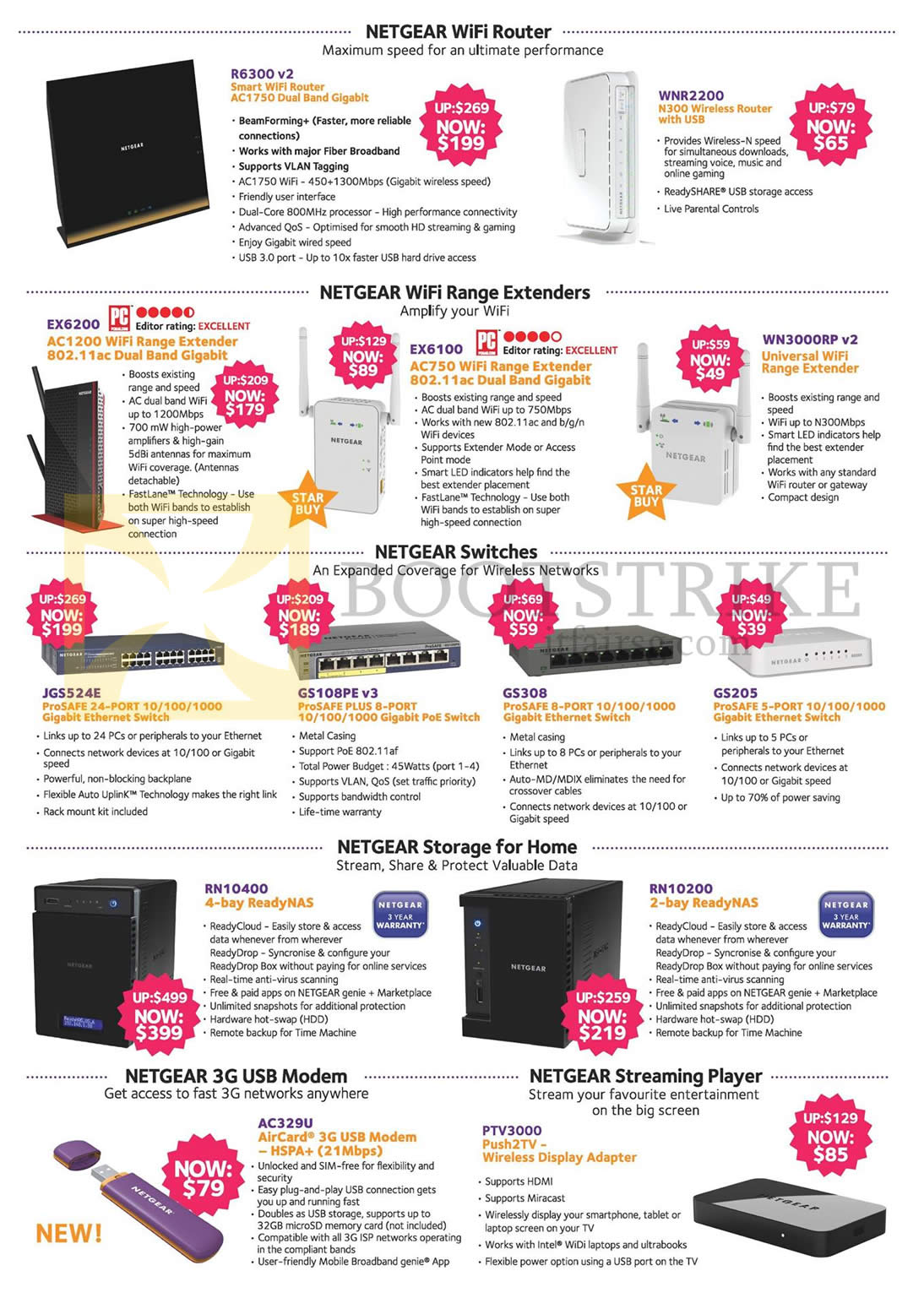 SITEX 2014 price list image brochure of Harvey Norman Netgear Wireless Router, Range Extenders, Switches, 3G USB Modem, Player, R6300 V2, WNR2200, RN10400, AC329U, PTV3000