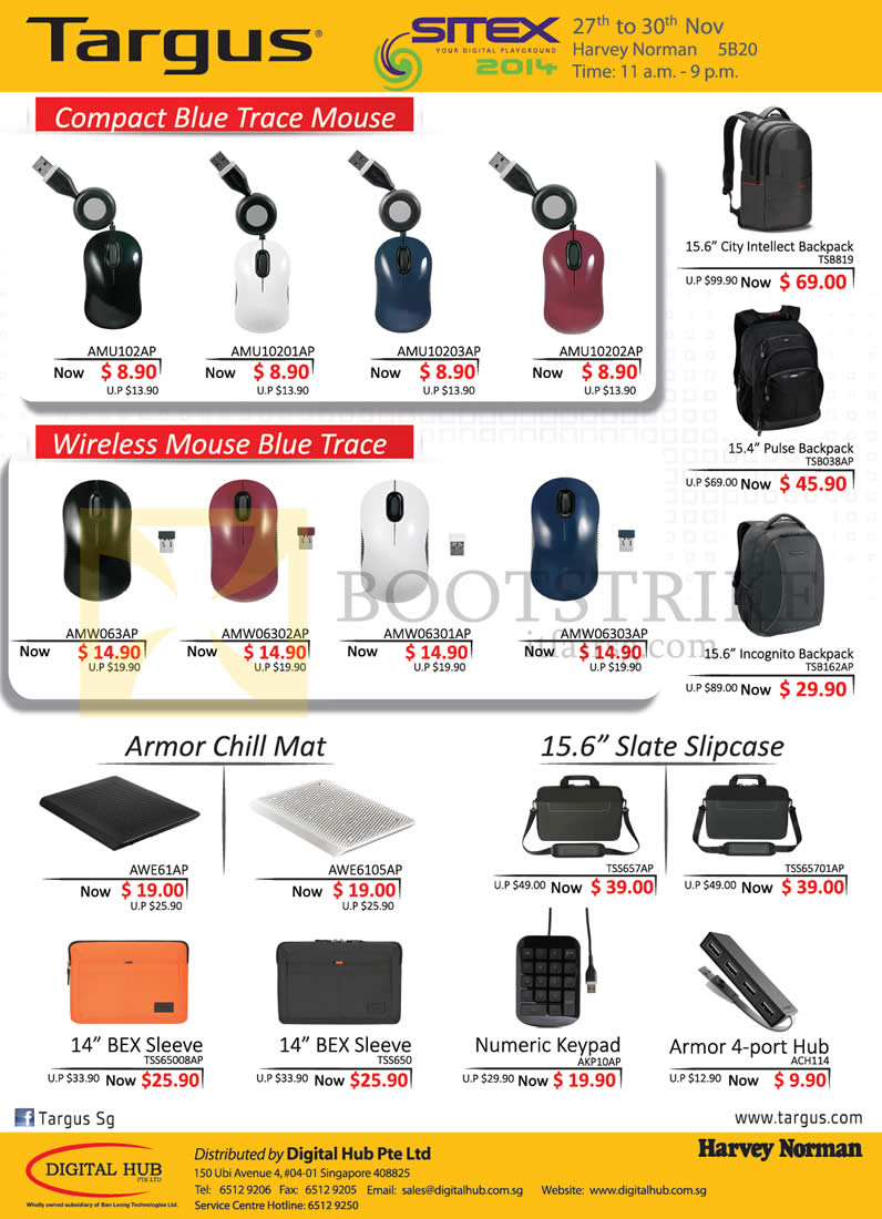 SITEX 2014 price list image brochure of Harvey Norman Targus Mouse, Armor Chill Mat, Bex Sleeves, Slate Slipcases, Intellect, Pulse, Incognito, Backpacks, Numeric Keypad, 4-Port Hub