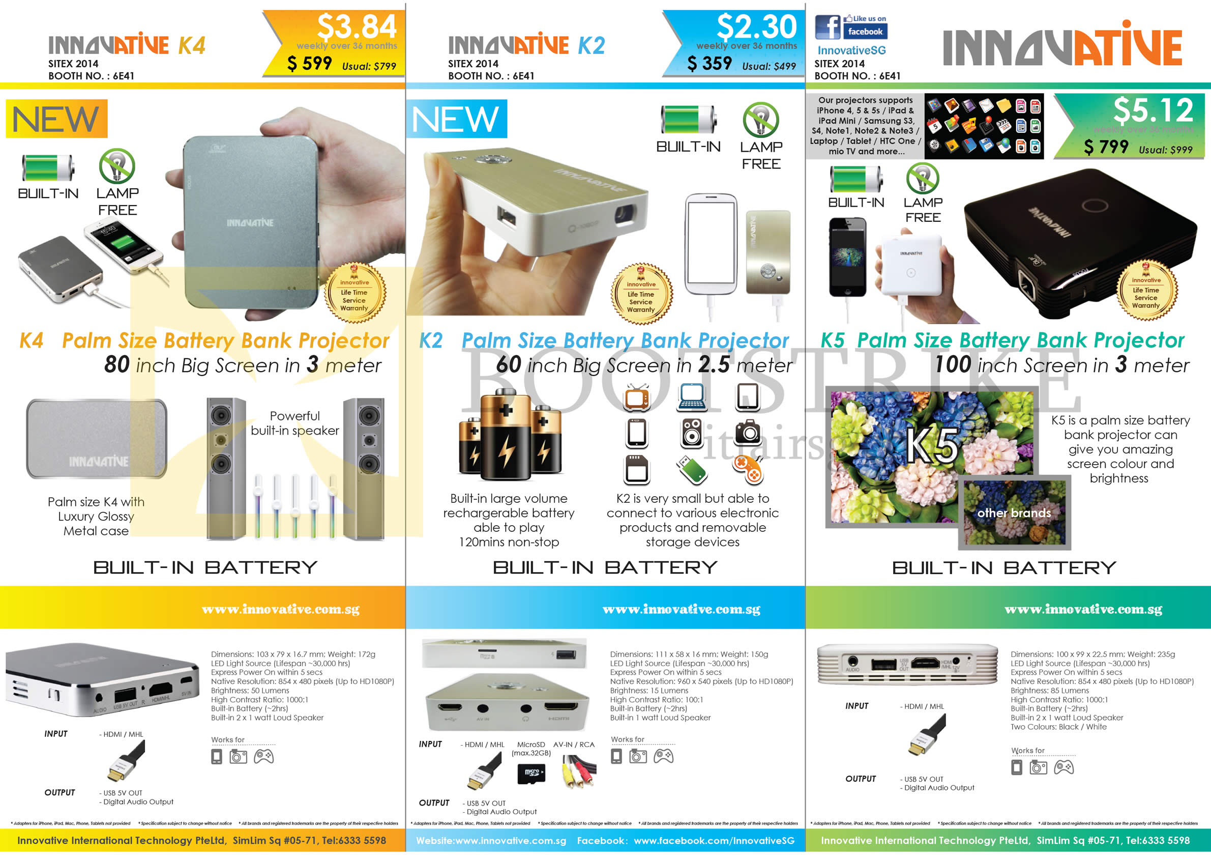 SITEX 2014 price list image brochure of Innovative K4, K2, K5 Battery Bank Projector