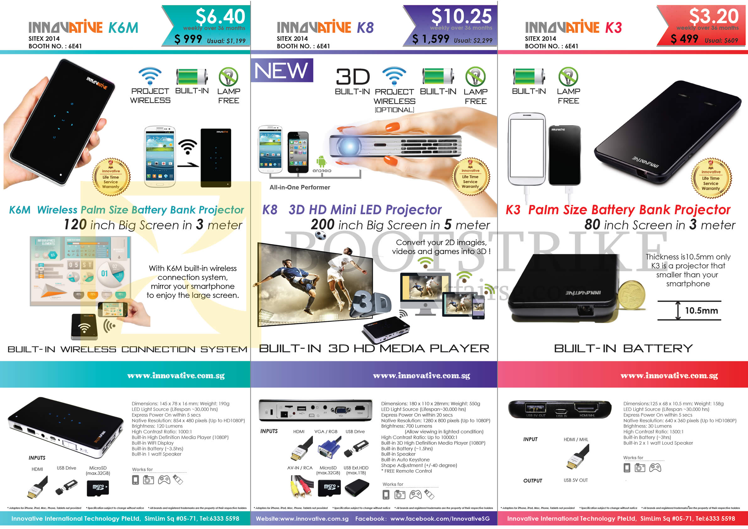 SITEX 2014 price list image brochure of Innovative K6M, K8, K3 Battery Bank Projector