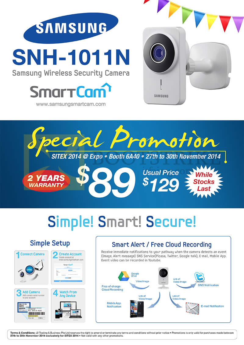 SITEX 2014 price list image brochure of J2 Samsung SmartCam SNH-1011N Wireless Security Camera