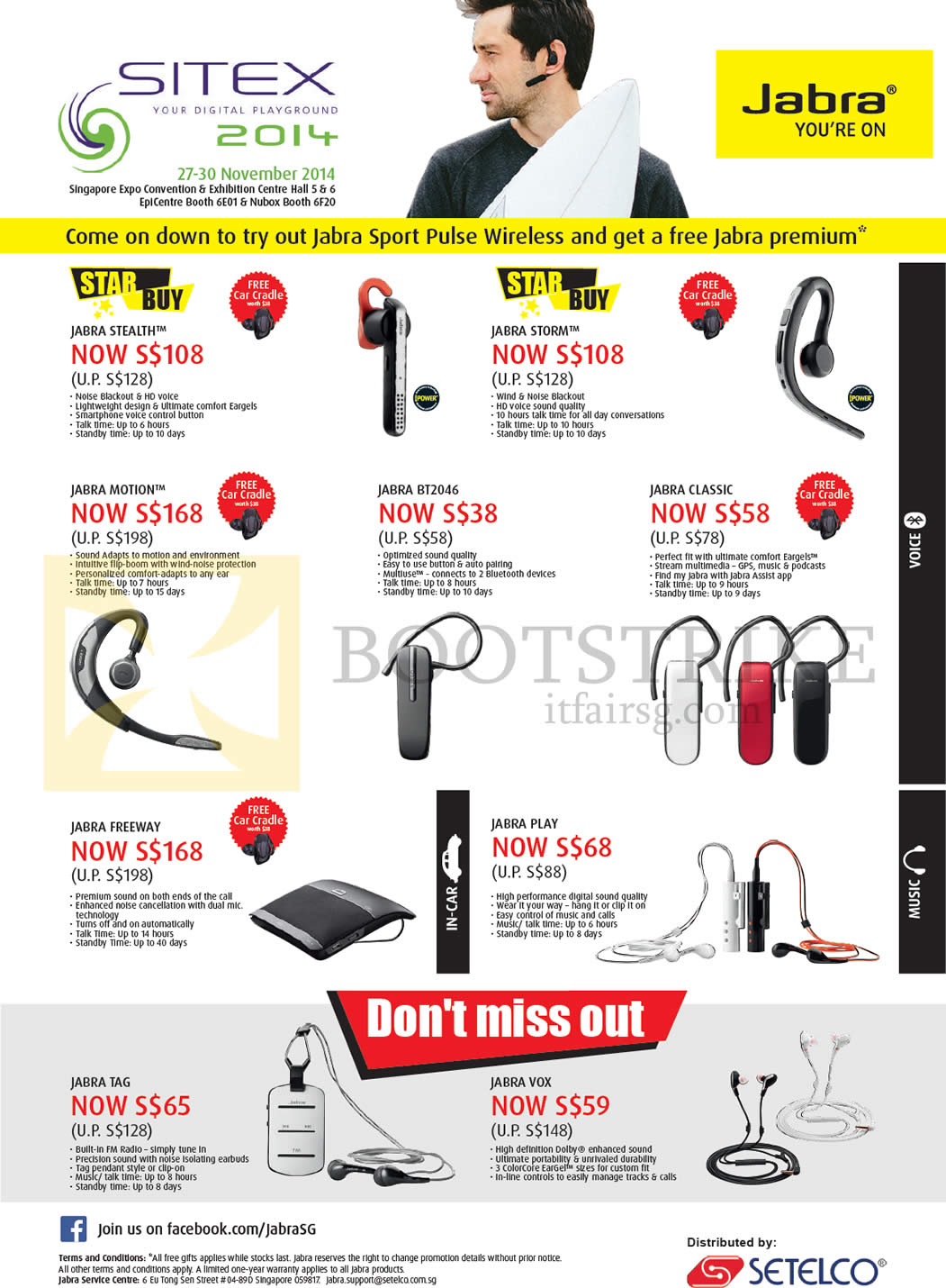 SITEX 2014 price list image brochure of Jabra Bluetooth Headsets, Car Speaker, Stealth, Motion, Storm, Classic, BT2046, Freeway, Play, Tag, Vox
