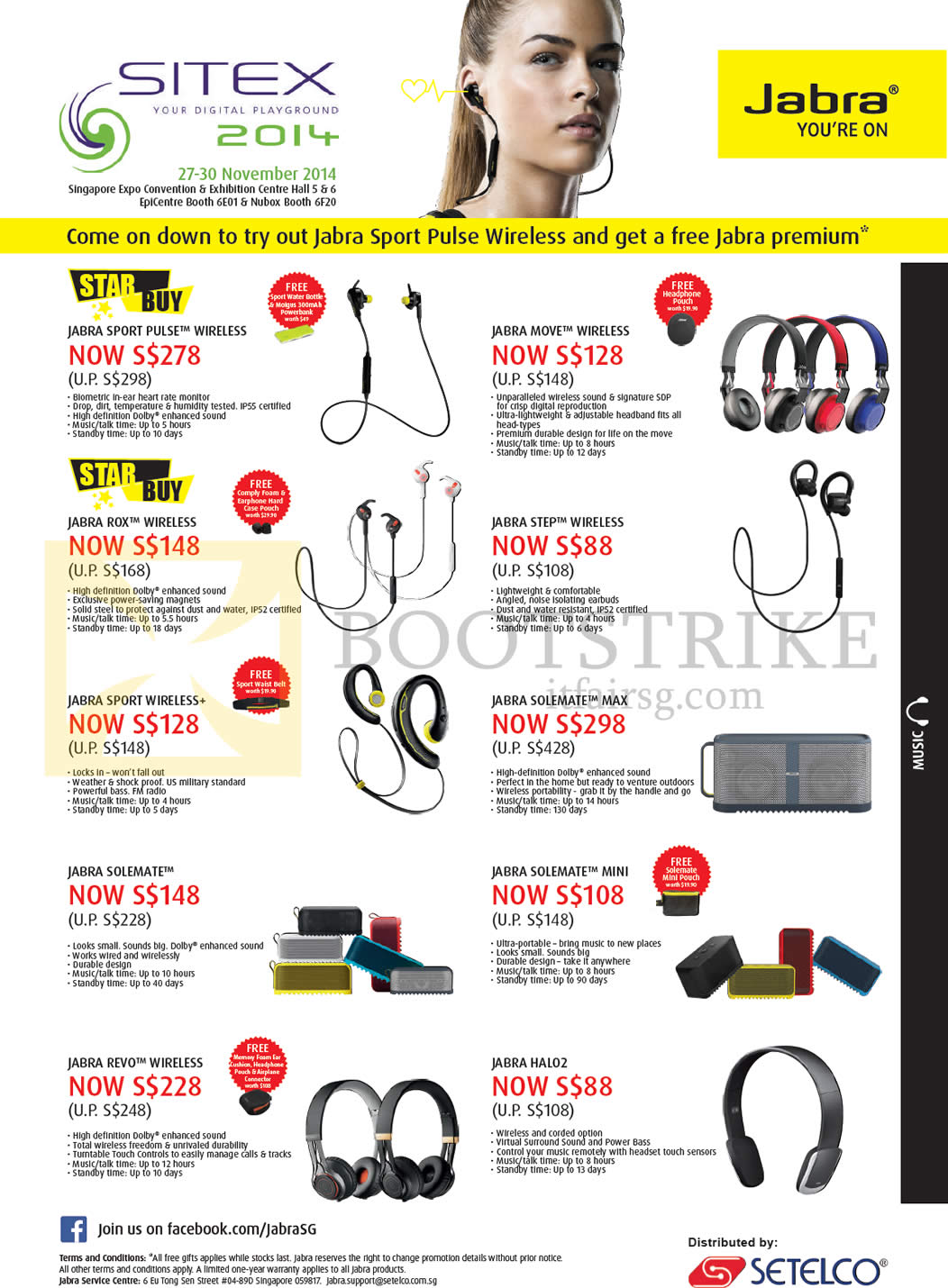 SITEX 2014 price list image brochure of Jabra Headphones, Earphones, Speakers, Sport Pulse Wireless, Solemate, Revo, Haloz, Step, Move