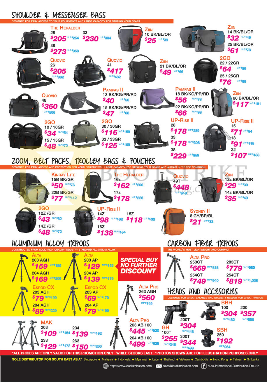 SITEX 2014 price list image brochure of Lau Intl Shoulder Messenger Bags, Zoom, Belt Packs, Trolley Bags, Pouches, Aluminimum Alloy Tripods, Carbon Tripods, Heads, Accessories