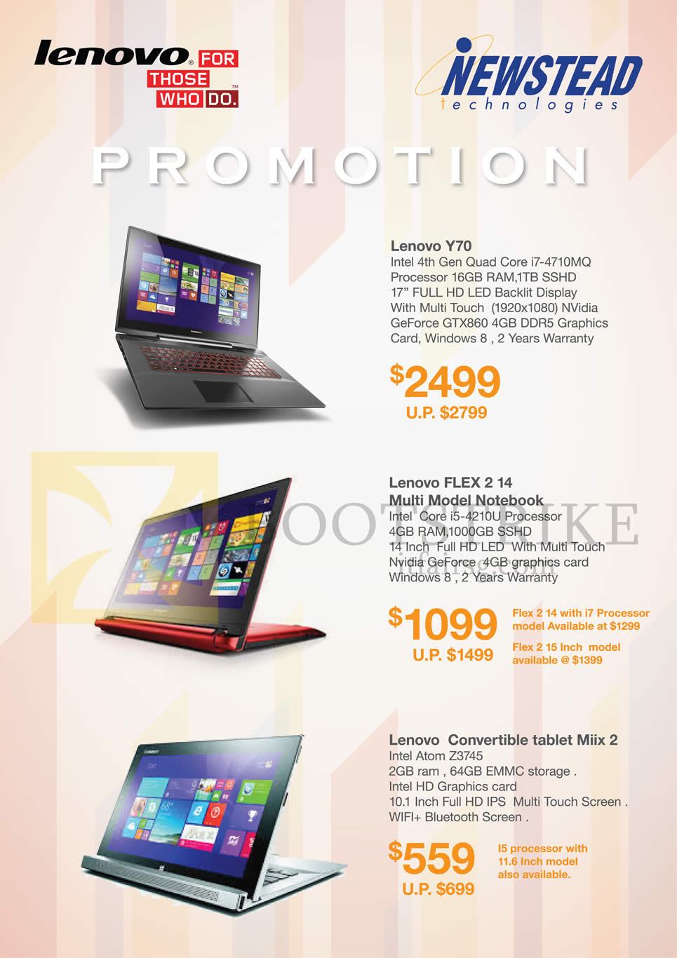 SITEX 2014 price list image brochure of Lenovo Newstead Notebooks Y70, FLEX 2 14, Miix 2