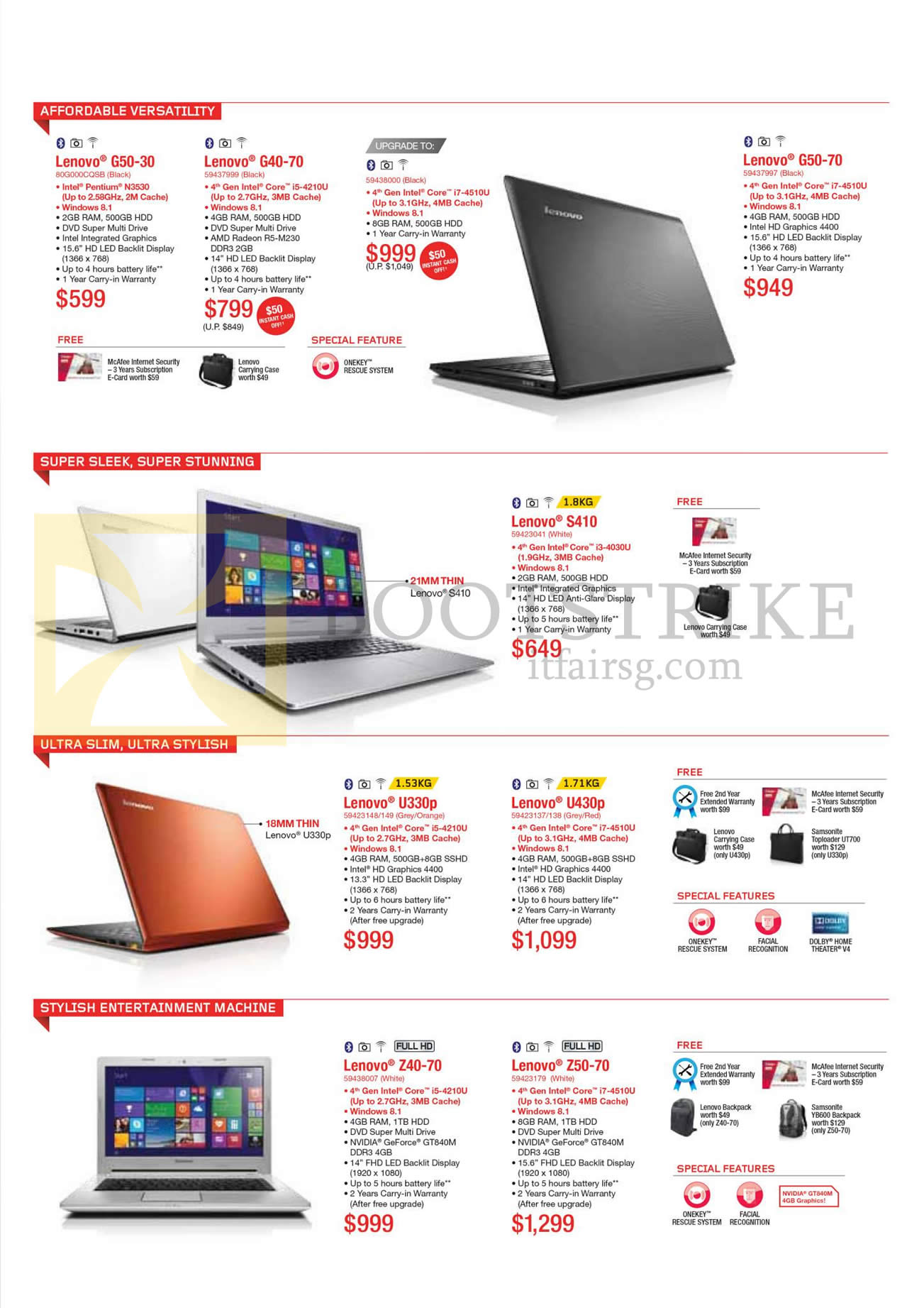 SITEX 2014 price list image brochure of Lenovo Notebooks G50-30, G40-70, G50-70, S410, U330p, U430p, Z40-70, Z50-70