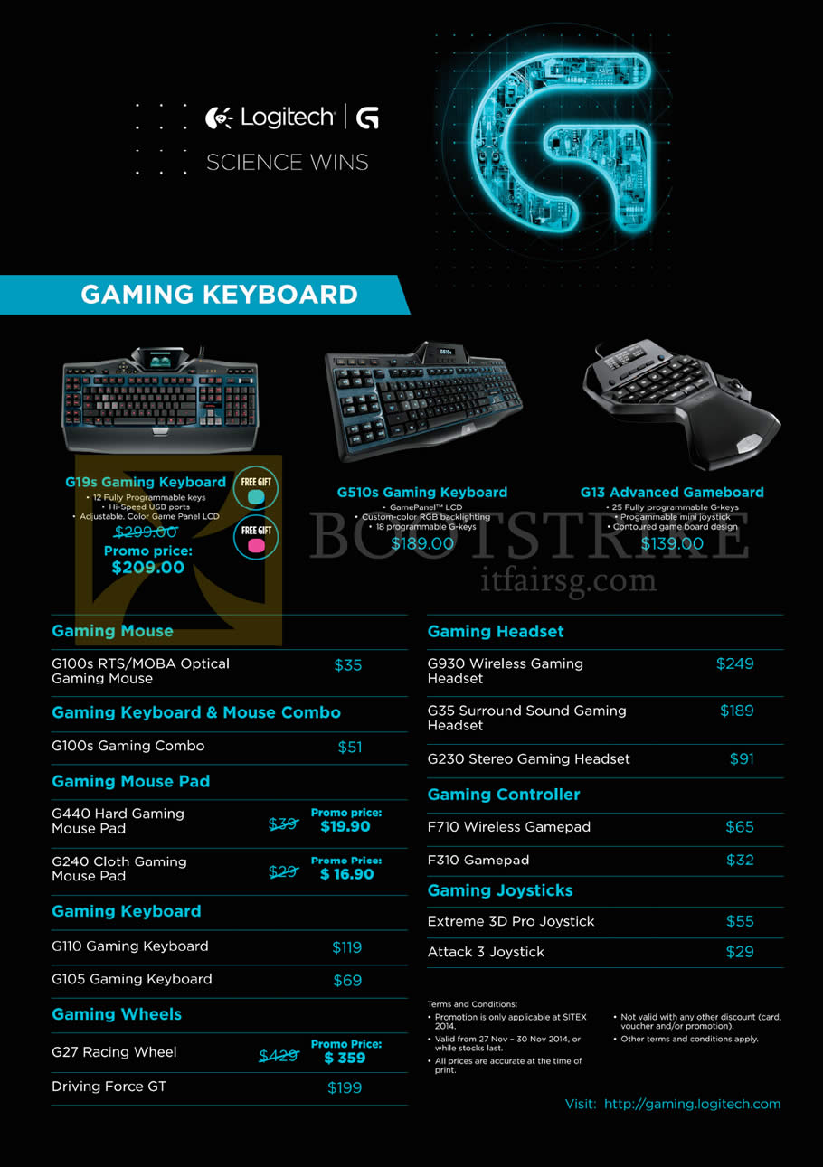 SITEX 2014 price list image brochure of Logitech Gaming Keyboards, Mouse, Pad, Headset, Controller, Joystick, G100s, G440, G240, G110, G105, G27, G930, F710, F310