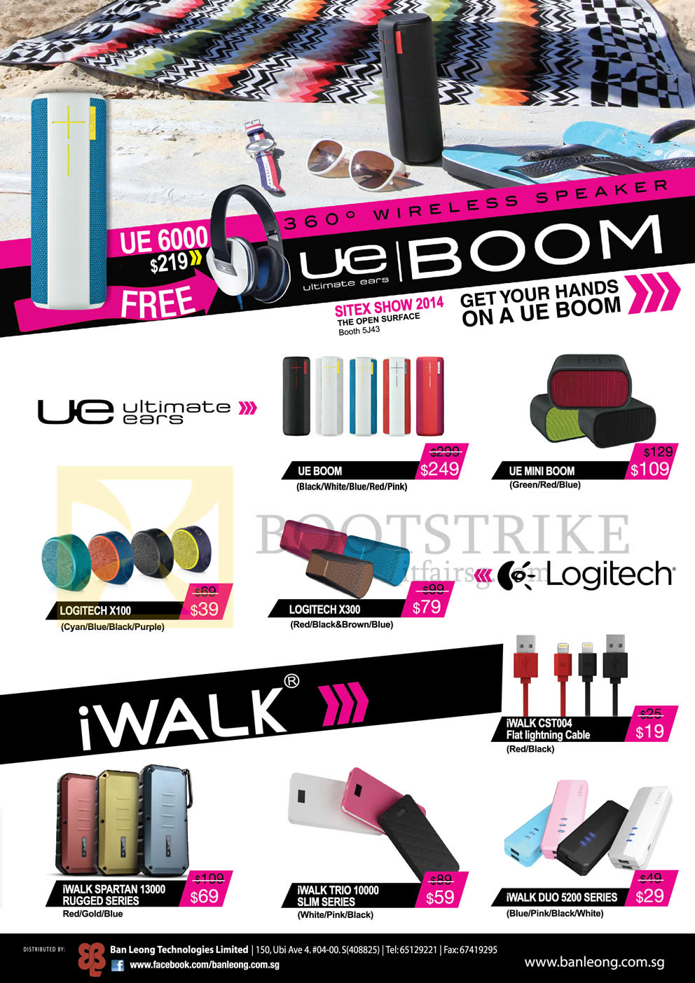 SITEX 2014 price list image brochure of Logitech Speakers, Power Banks, Ultimate Ears UE Boom, UE Mini Book, X300, X100, IWalk Spartan 13000, Trio 10000, Duo 5200 Series