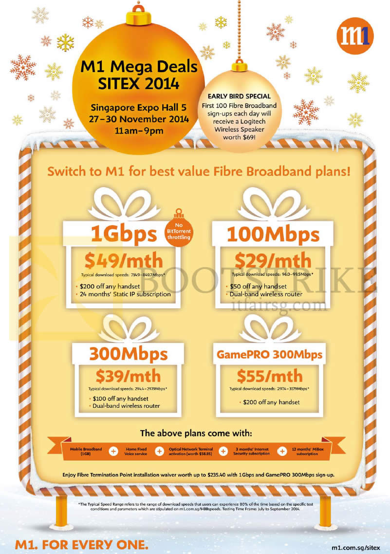 SITEX 2014 price list image brochure of M1 Fibre Broadband, Early Bird Specials, 1Gbps, 100Mbps, 300Mbps, GamePRO 300Mbps