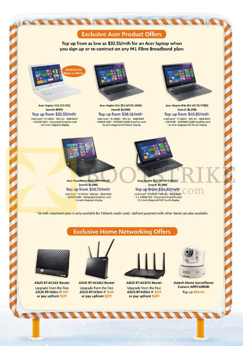 SITEX 2014 price list image brochure of M1 Fibre Notebooks, Routers, Home Surveillance, Acer Aspire V3-171, R3-471TG-589K, R3-471TG-77RD, TravelMate TMP645-M, Asus RT-AC56S AC68U AC87U, Aztech HWIPC408HD