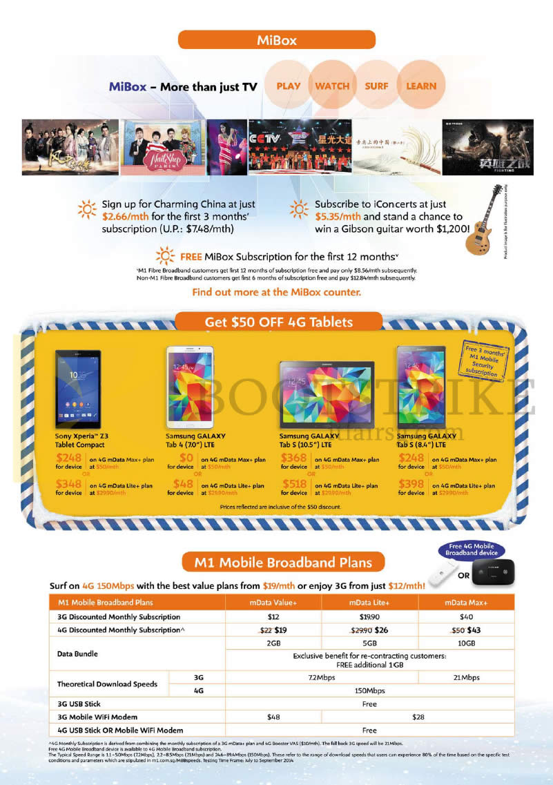 SITEX 2014 price list image brochure of M1 Mi Box, 50 Dollar Off Selected Tablets, Mobile Broadband Plans, Sony Xperia Z3 Compact, Samsung Galaxy Tab 4 7.0, Tab S 10.5, Tab S 8.4