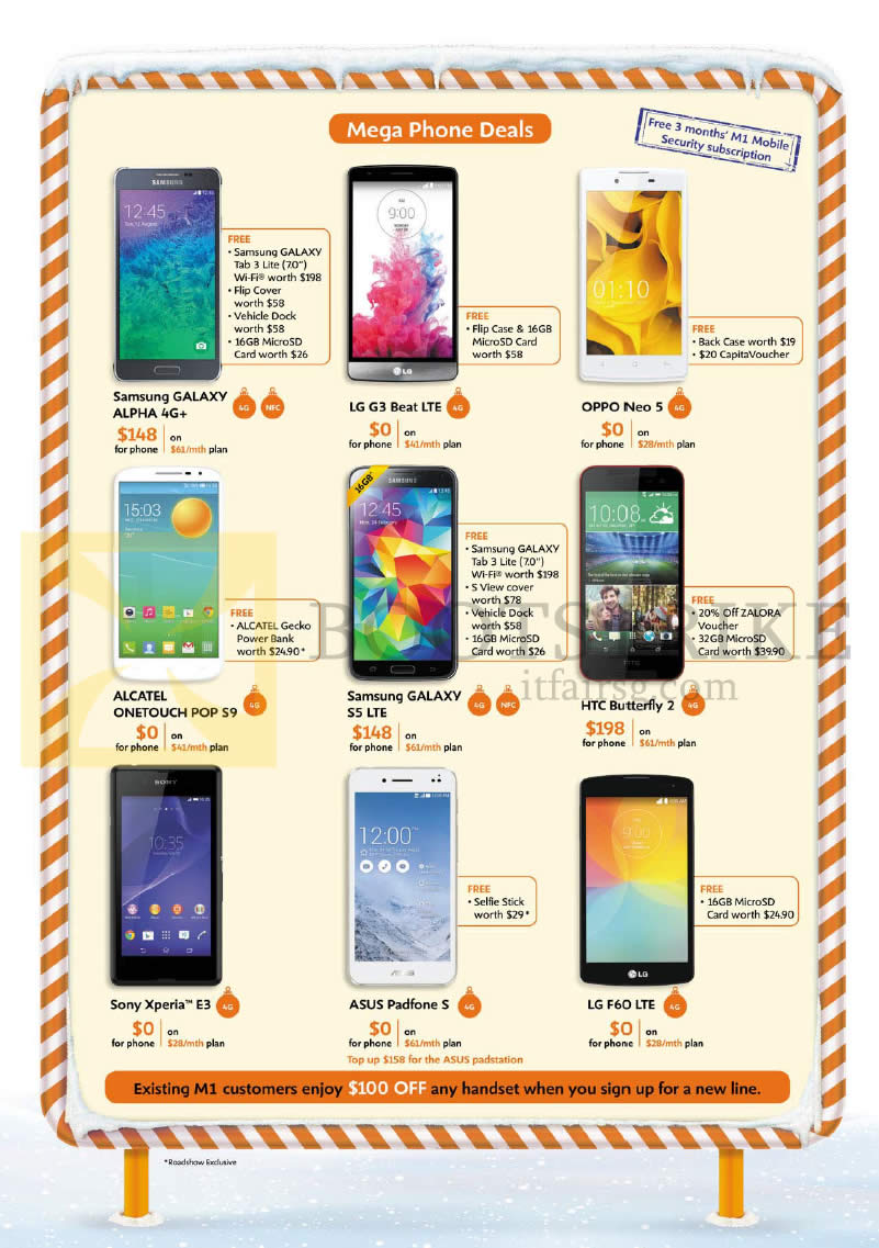SITEX 2014 price list image brochure of M1 Mobile Samsung Galaxy Alpha, S5, LG G3 Beat, F60, Oppo Neo 5, Alcatel Onetouch Pop S9, HTC Butterfly 2, Sony Xperia E3, Asus Padfone S