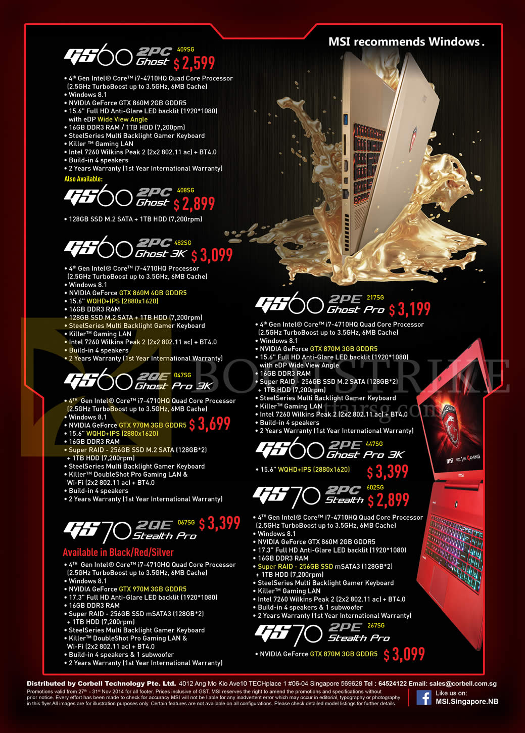 SITEX 2014 price list image brochure of MSI Notebooks GS60 2PC Ghost, Ghost 3K, GS60 2QE Ghost Pro 3K, Stealth Pro, GS60 2PE Ghost Pro, Ghost Pro 3K, GS70 2PC Stealth, Stealth Pro