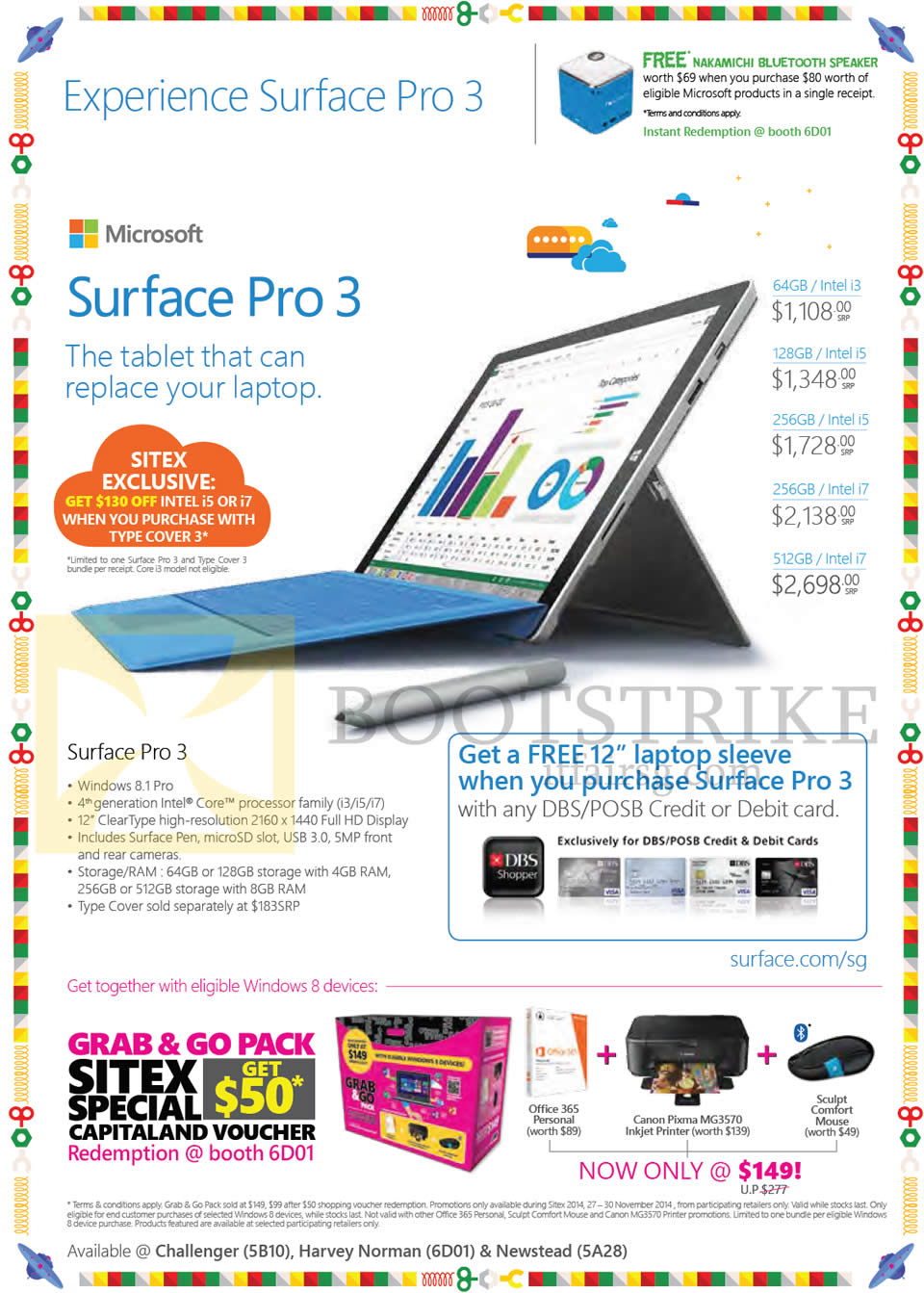 SITEX 2014 price list image brochure of Microsoft Surface Pro 3 Tablet, DBS POSB Free Laptop Sleeve, Grab N Go Pack