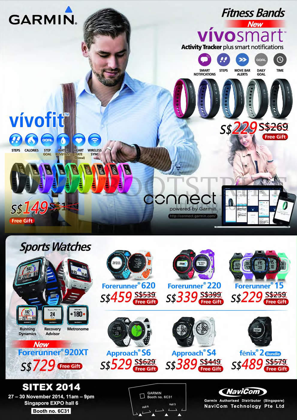 SITEX 2014 price list image brochure of Navicom Garmin GPS Fitness Bands, Sports Watches, Vivosmart, Vivofit, Forerunner 620, 220, 15, 920XT, Approach S6, S4, Fenix 2