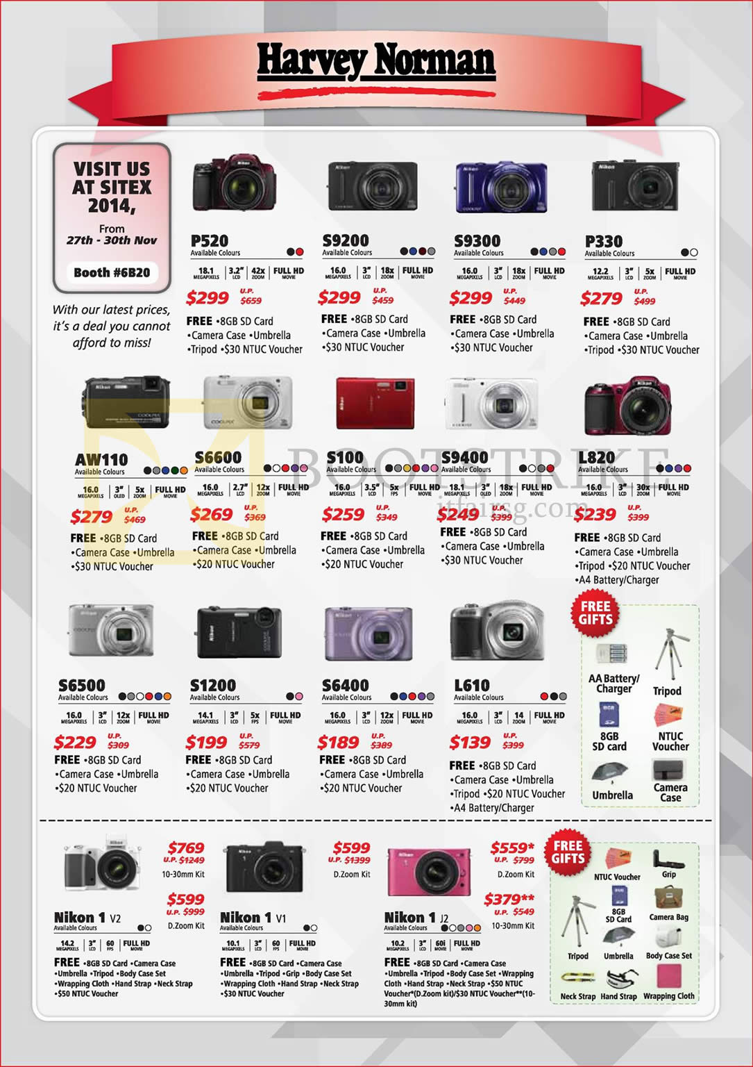 SITEX 2014 price list image brochure of Nikon Digital Cameras Harvey Norman P520, S9200, S9300, P330, AW110, S6600, S100, S9400, L820, S6500, S1200, S6400, L610, Nikon 1 V2, V1, J2