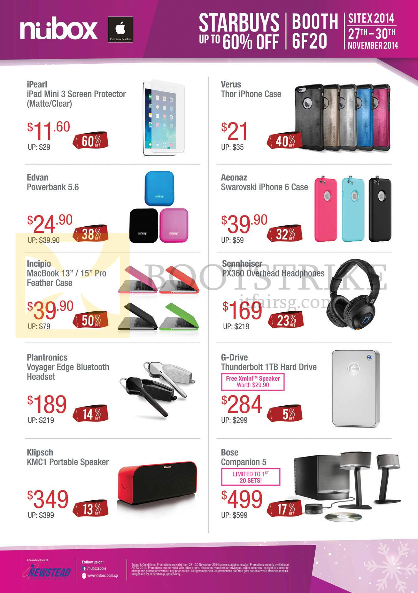 SITEX 2014 price list image brochure of Nubox Accessories, Headphones, Hard Disk Drive, Bose Speaker, PowerBank, Feather Case, Bluetooth Headset, Portable Speaker