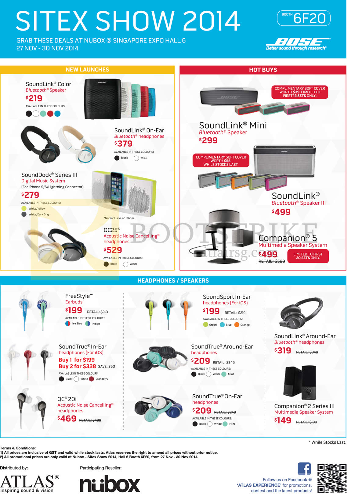 SITEX 2014 price list image brochure of Nubox Bose, SoundLink, Bluetooth Speaker, Series III, QC25 Headphones, Mini, Companion 5 Multimedia Speaker System, Freestyle, SoundTrue, QC 20i, Companion 2 Series III