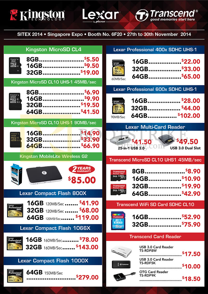 SITEX 2014 price list image brochure of Nubox MicroSD Kingston, Lexar, Transcend, Card Reader