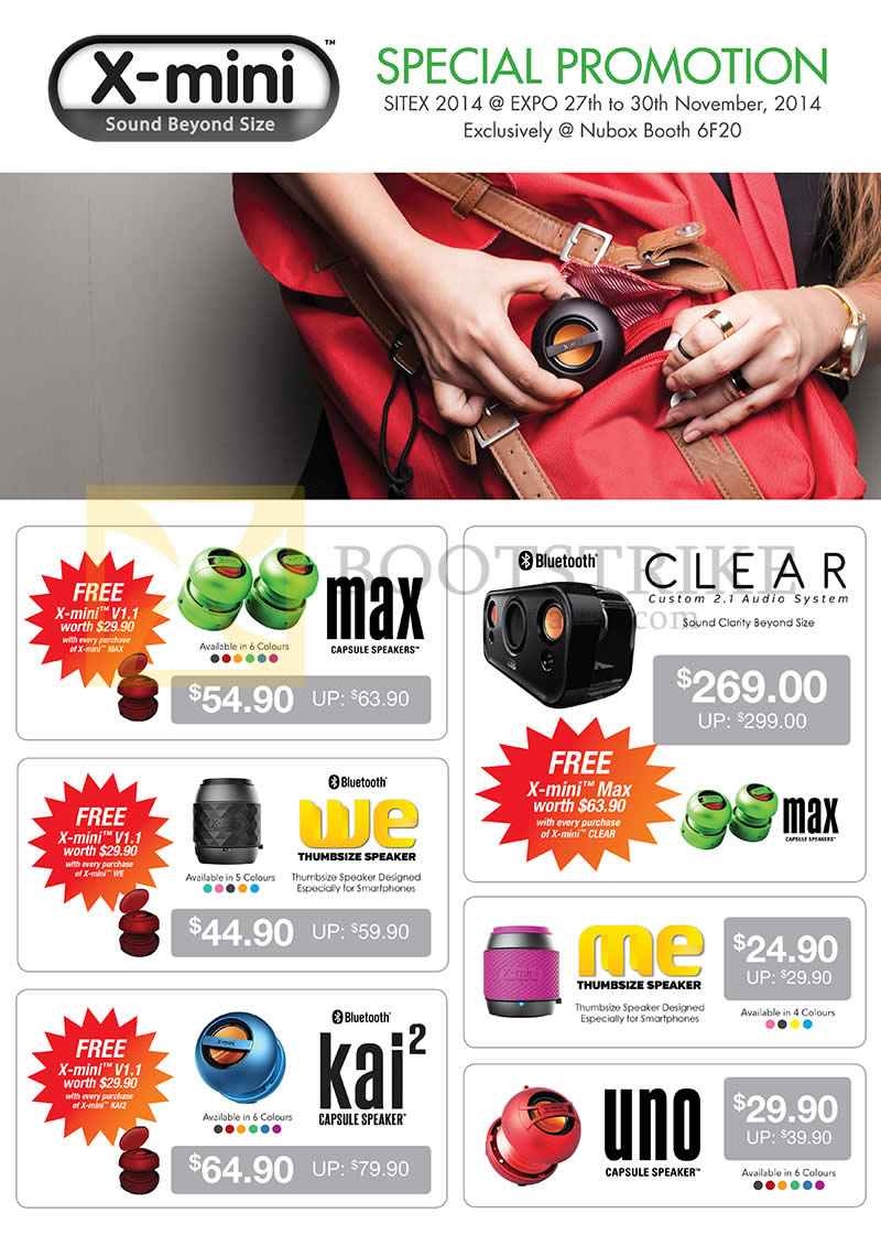 SITEX 2014 price list image brochure of Nubox X-Mini Max Capsule Speakers, We, Kai 2, Clear, Me Thumbsize, Uno