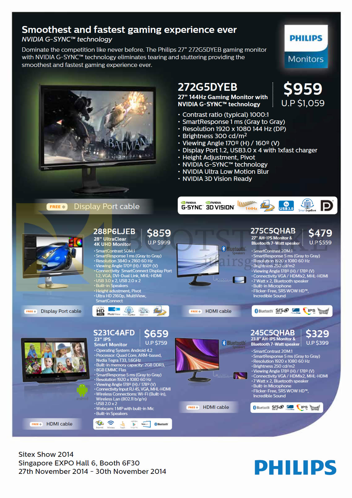 SITEX 2014 price list image brochure of Philips Monitors 272G5DYEB, 288P6LJEB, 275C5QHAB, S231C4AFD, 245C5QHAB
