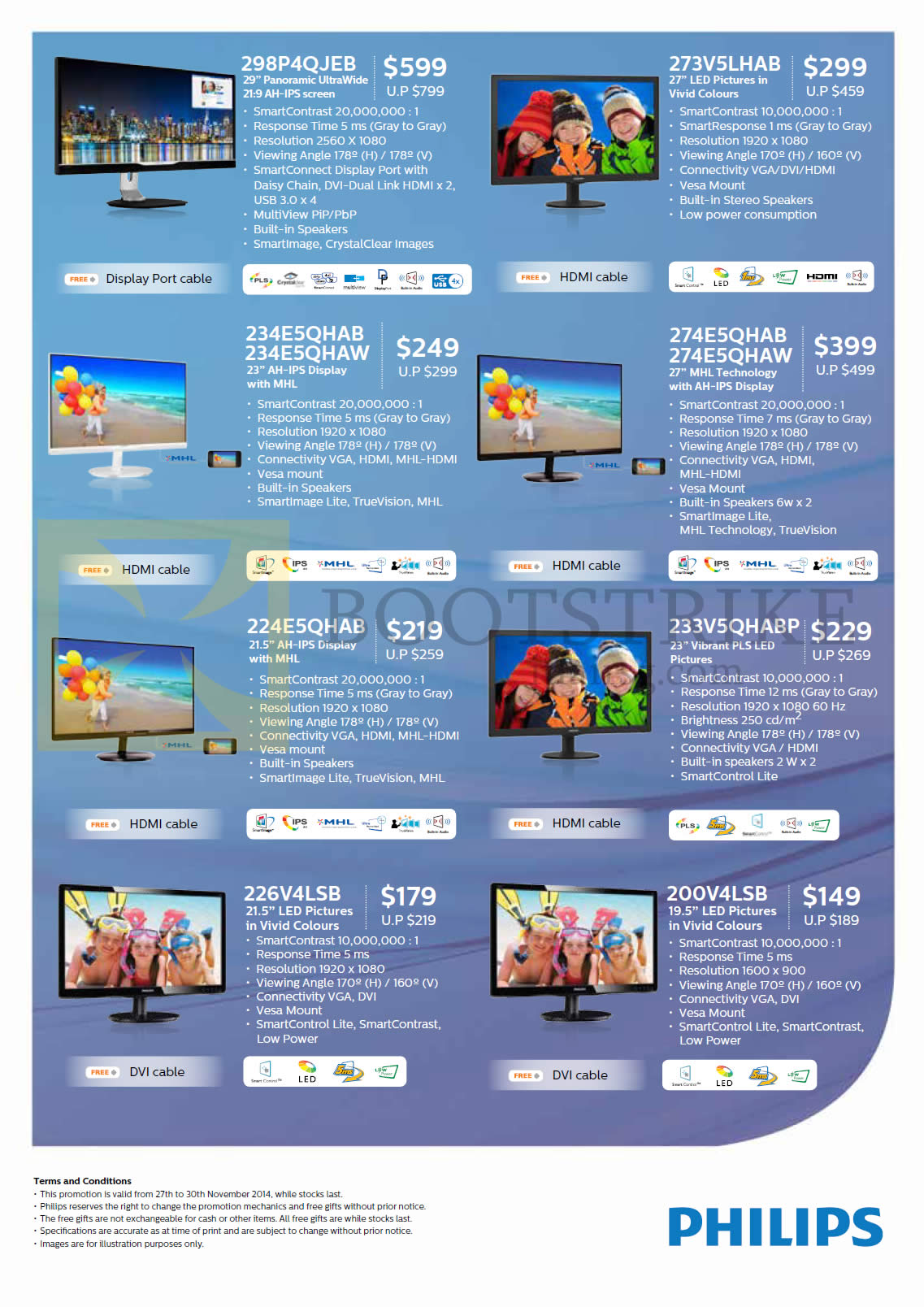 SITEX 2014 price list image brochure of Philips Monitors 298P4QJEB, 273V5LHAB, 234E5QHAB, 234E5QHAW, 224E5QHAB, 226V4LSB, 200V4LSB, 233V5QHABP, 274E5QHAB, 274E5QHAW