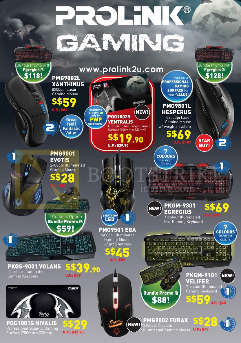 SITEX 2014 price list image brochure of Prolink Cybermind Mouse Gaming PMG9802L Xanthinus, PMG9801L Hesperus, PMG9001 Evotis, PKGM-9301 Egregius, PMG9501 EGA, PKGS-9001 Volans, Velifer, Furax