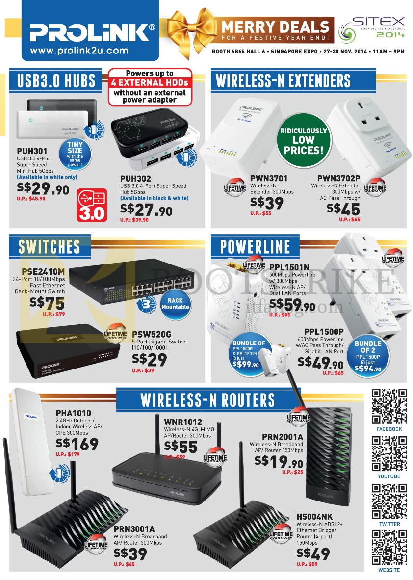 SITEX 2014 price list image brochure of Prolink Cybermind USB3 Hubs, N Extenders, Switches, Powerline, N Routers, PUH301, PUH302, PWN3701, PWN3702P, PSE2410M, PPL1501N, PHA1010, WNR1012, PRN3001A, H5004NK