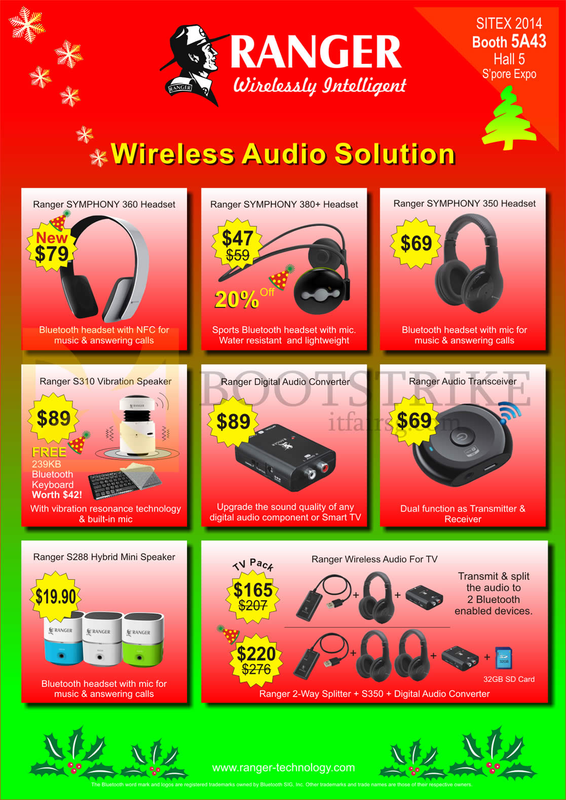 SITEX 2014 price list image brochure of Ranger Wireless Audio Headsets, Vibration Speakers, Audio Converters, Audio Transceiver, Mini Speakers