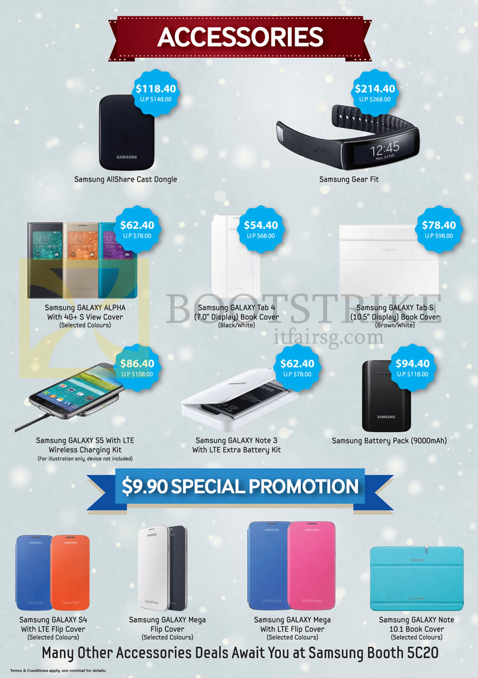 SITEX 2014 price list image brochure of Samsung Accessories, 9.90 Covers, Hear Fit, View Cover, Book Cover, Charging Kit, Battery Pack, LTE Flip Cover, Book Cover