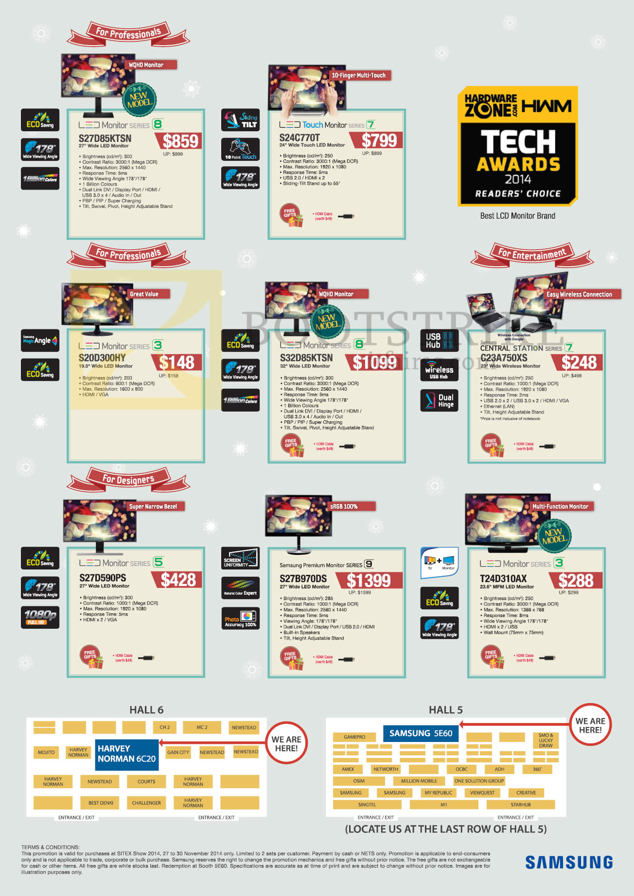 SITEX 2014 price list image brochure of Samsung Monitors LED Touch S27D85KTSN, S24C770T, S20D300HY, S32D85KTSN, Central Station C23A750XS, S27D590PS, Premium S27B970DS, T24D310AX