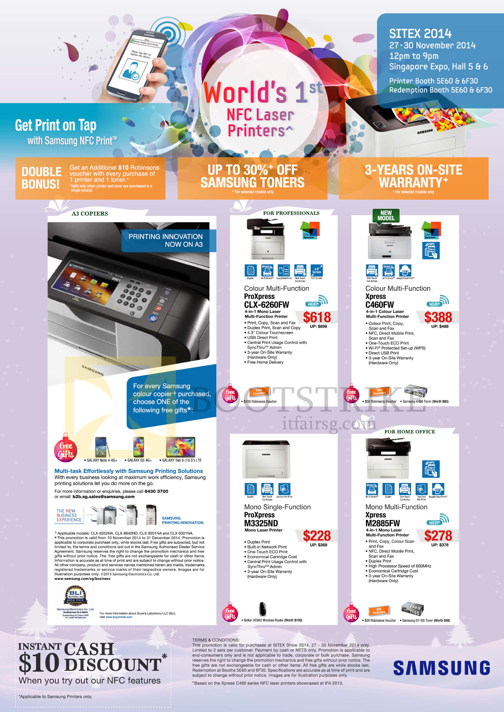 SITEX 2014 price list image brochure of Samsung Printers Laser ProXpress CLX-6260FW, C460FW, M3325ND, M2885FW