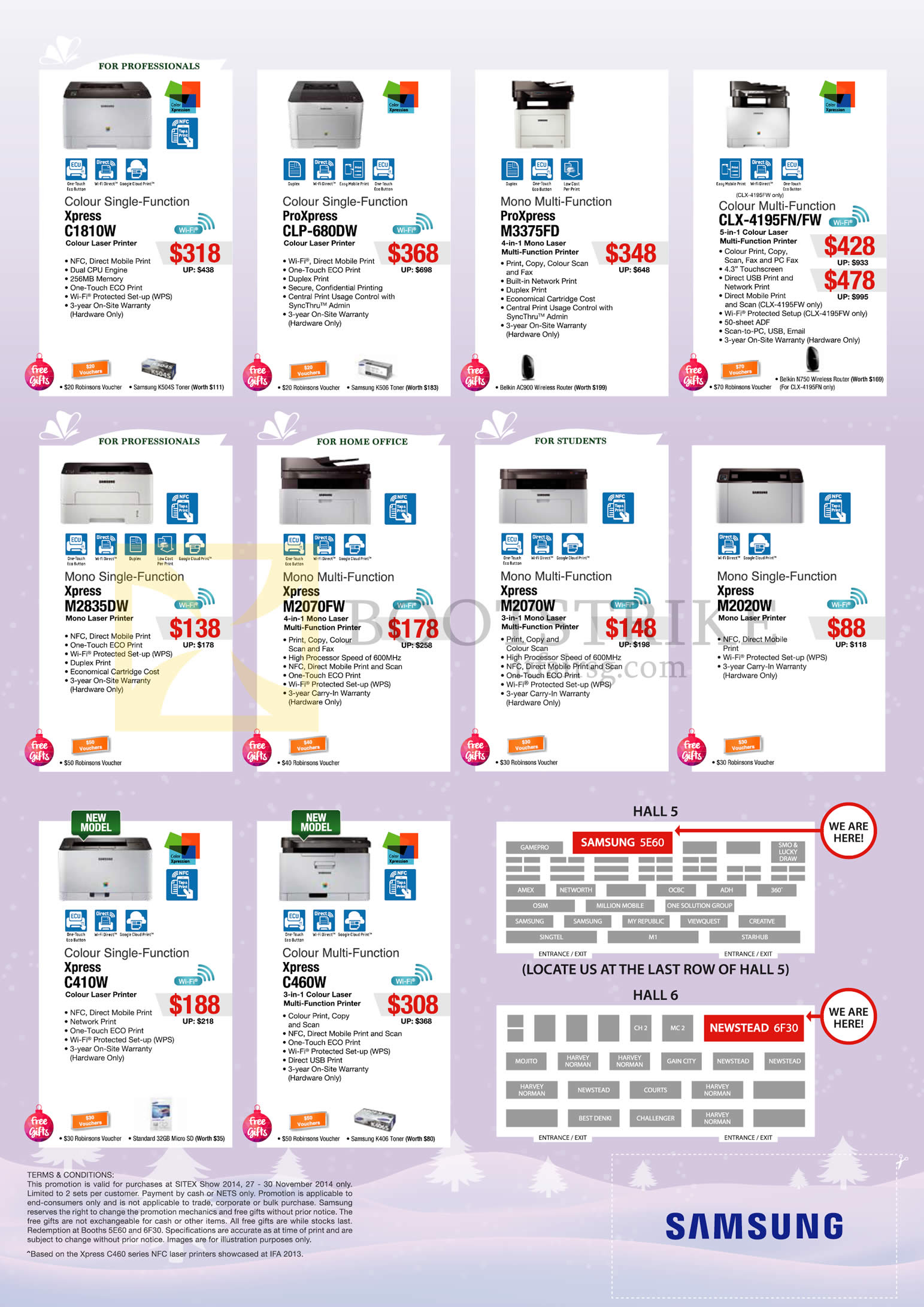 SITEX 2014 price list image brochure of Samsung Printers Laser Xpress C1810W, M2835DW, M2070FW, M2020W, C410W, C460W, ProXpress CLP-680DW, M3375FD, CLX-4195FN, FW