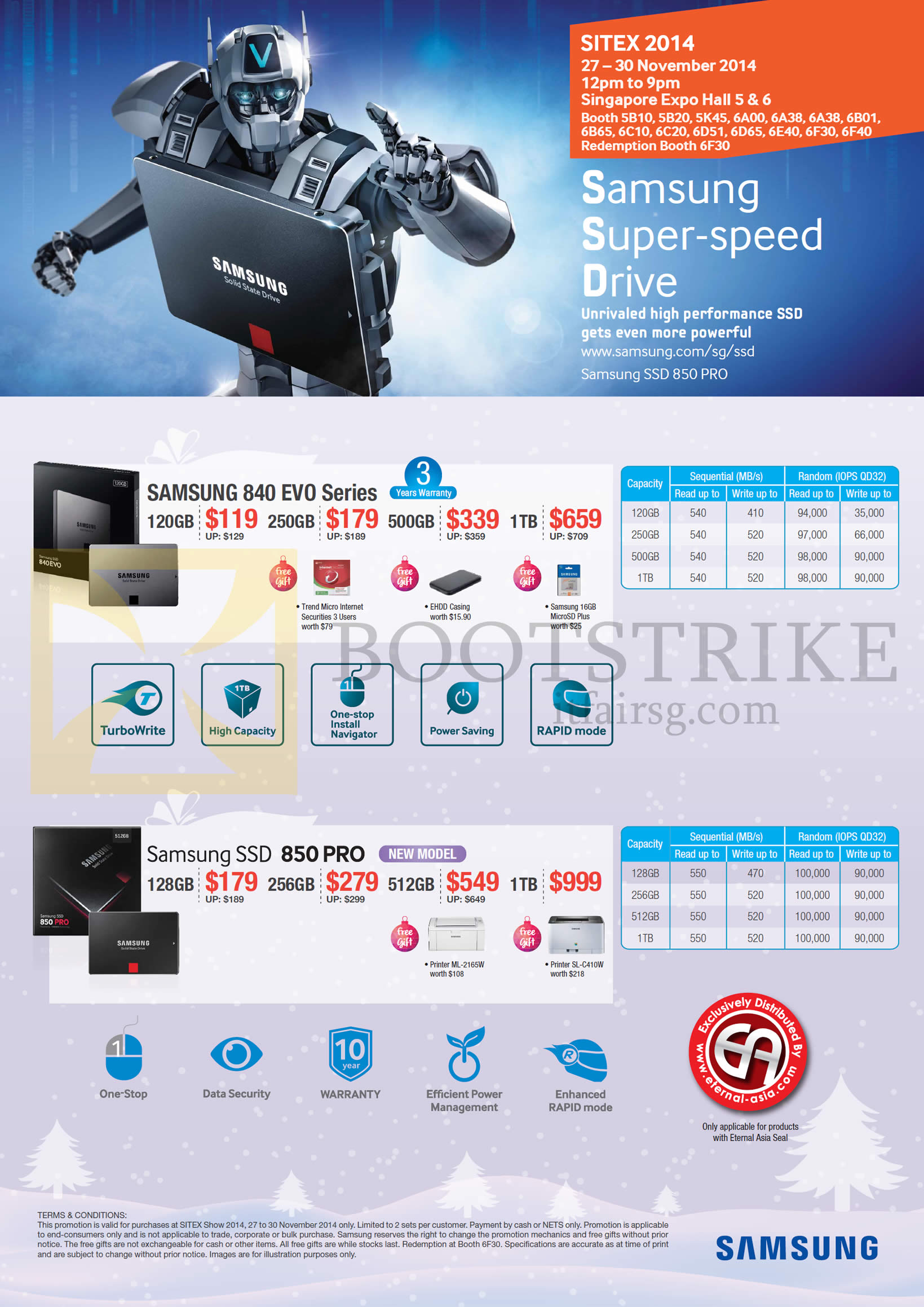 SITEX 2014 price list image brochure of Samsung SSD Super Speed Drives 840 Evo Series, 850 Pro