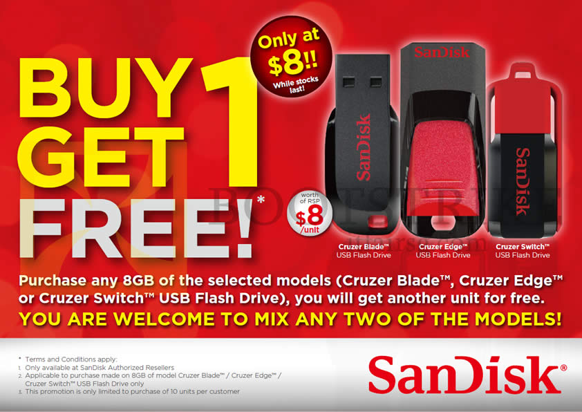 SITEX 2014 price list image brochure of Sandisk Flash Drives Buy 1 Get 1 Free, Cruzer Blade, Edge, Switch