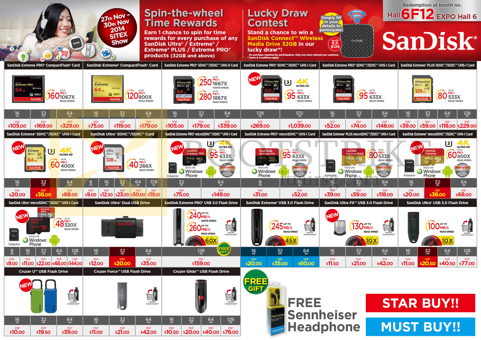 SITEX 2014 price list image brochure of Sandisk Memory Cards, Flash Drives, Compact Flash CF, Pro SDHC SDXC UHS, Extreme, MicroSDHC, USB Flash, Ultra, Fit, Cruzer, Force, Glide