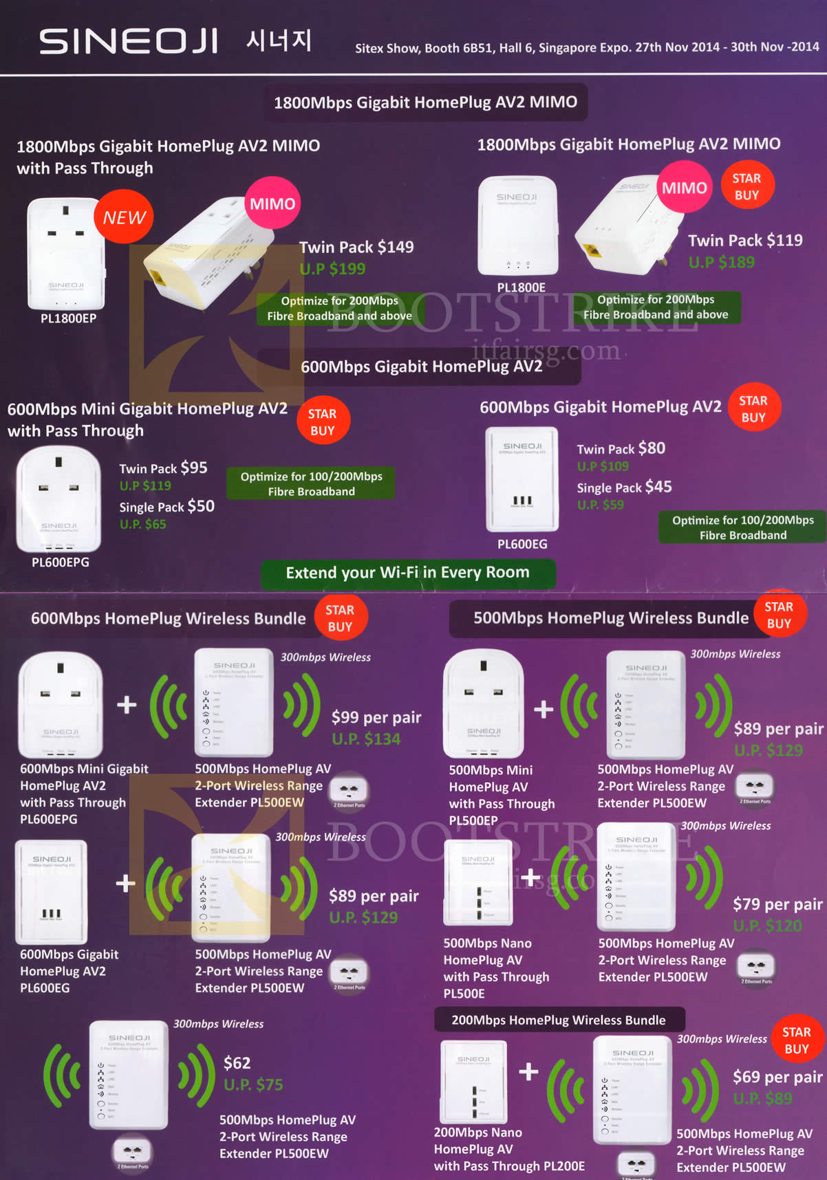 SITEX 2014 price list image brochure of Sineoji Networking HomePlug AV2, Wireless Bundle, PL1800EP, PL1800E, PL600EPG, PL600EG, PL500EW