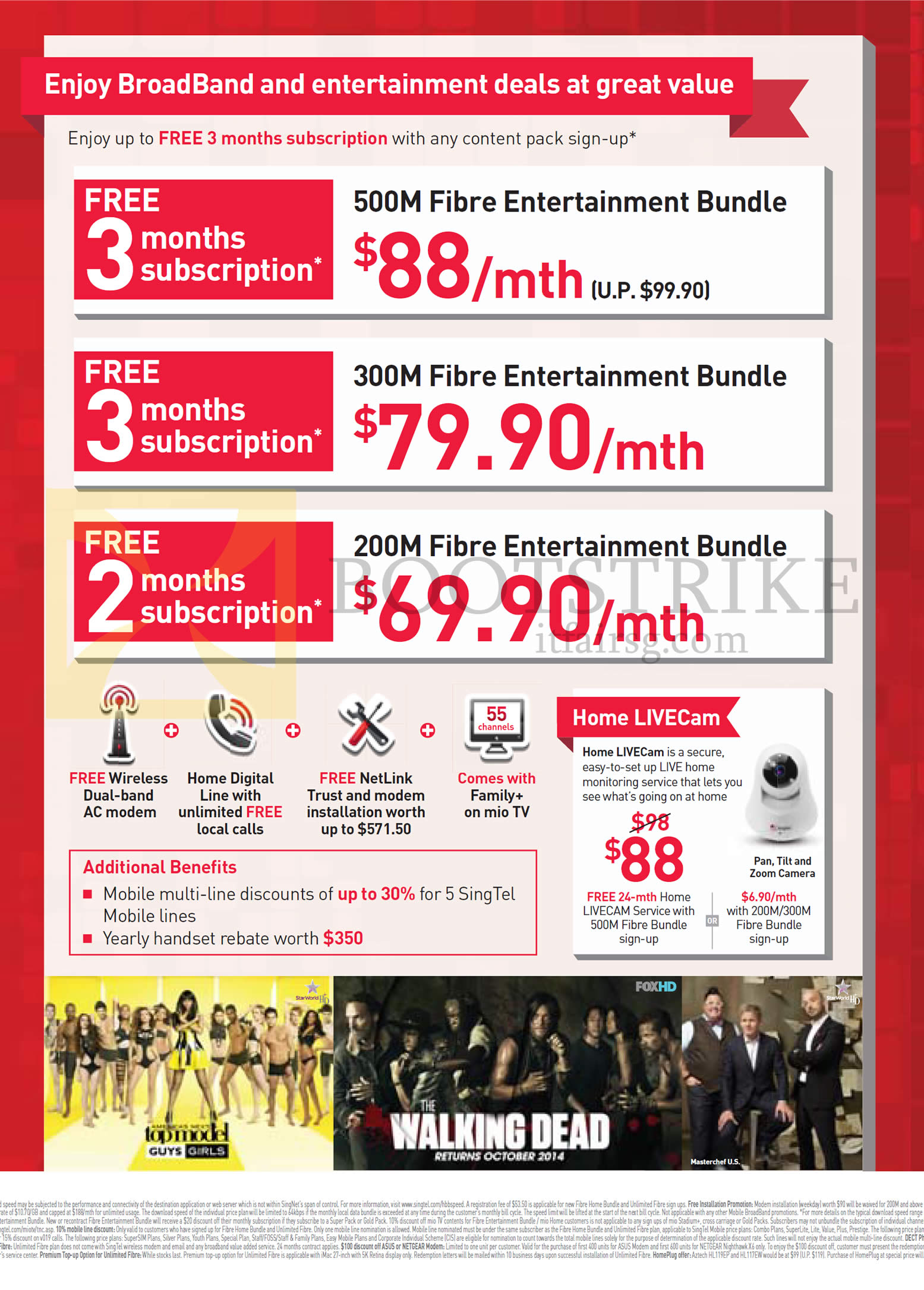 SITEX 2014 price list image brochure of Singtel Fibre Entertainment Broadband Bundles 500M, 300M, 200M, Home LiveCam, Free Up To 3 Months, Home Livecam