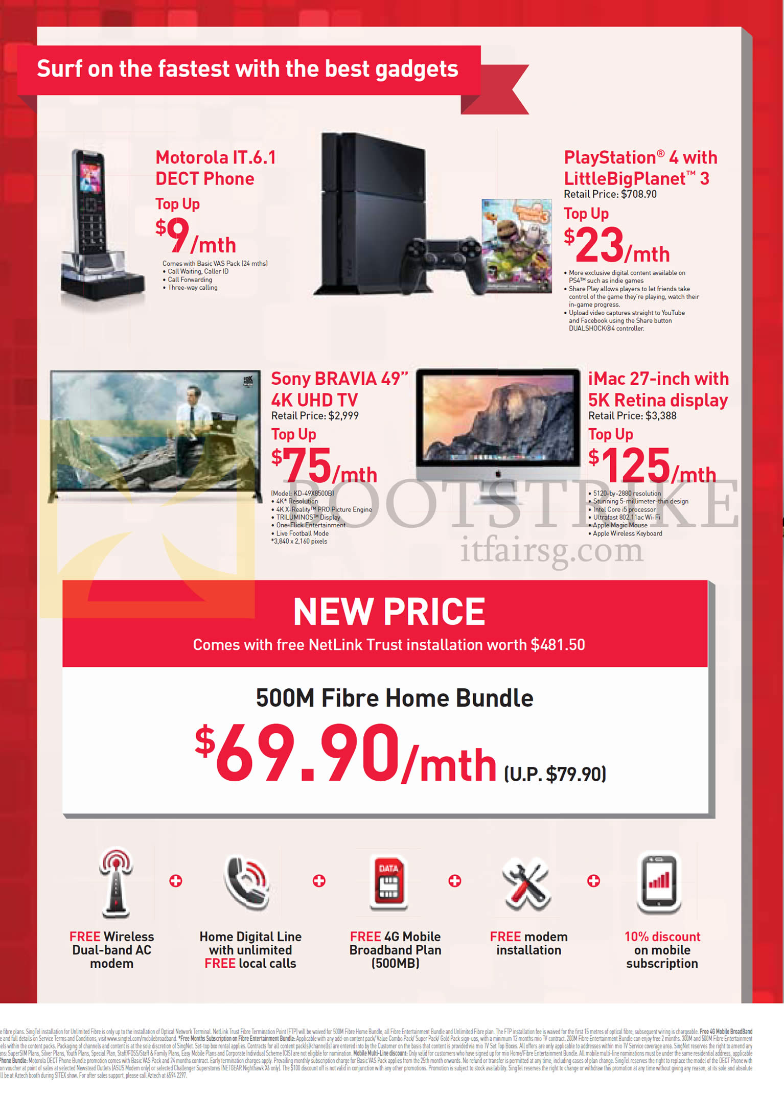 SITEX 2014 price list image brochure of Singtel Fibre Home Bundle 500M 69.90, Motorola IT.6.1, Sony PlayStation 4, Sony Bravia 4K TV, IMac