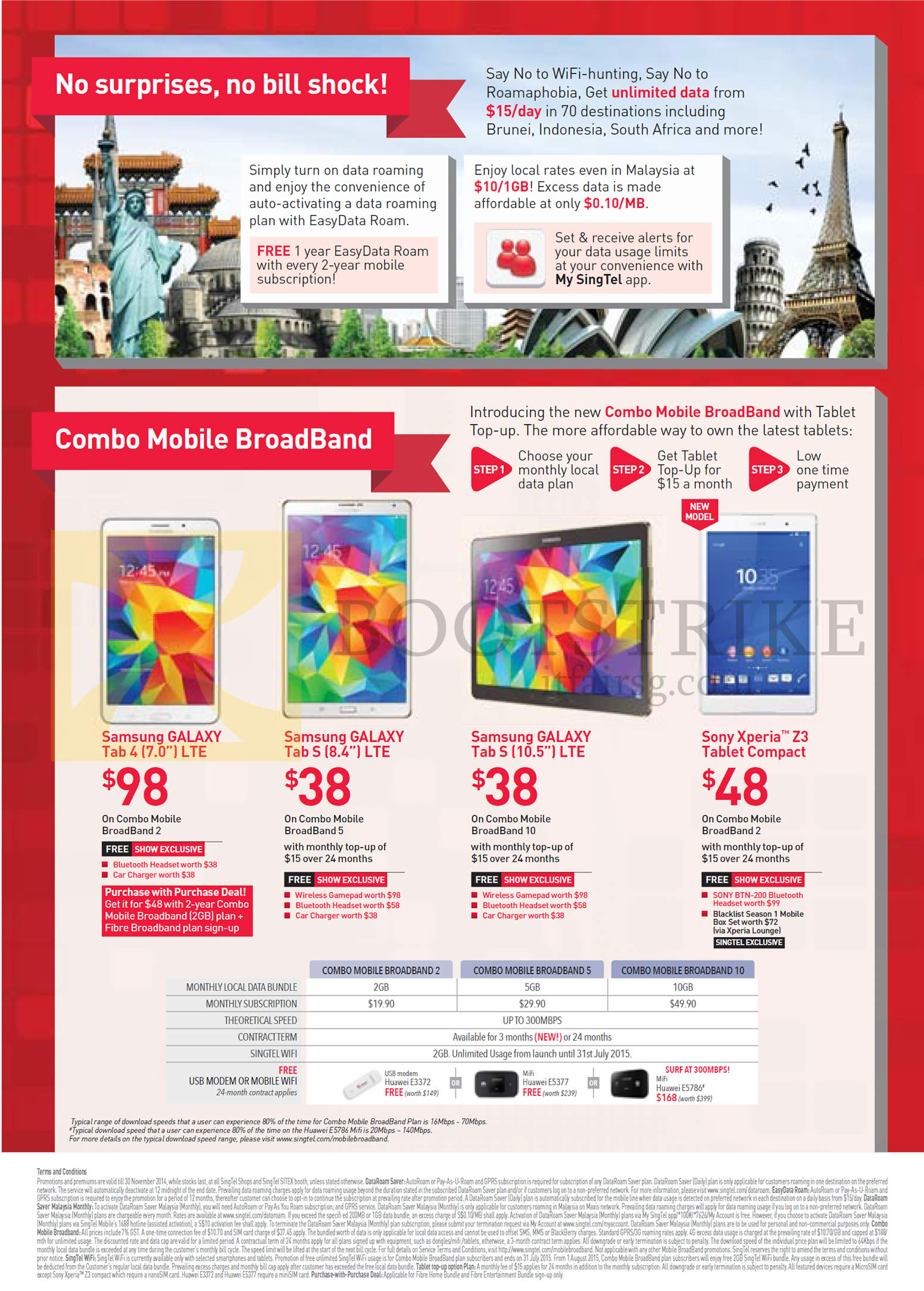 SITEX 2014 price list image brochure of Singtel Mobile Broadband Combo Samsung Galaxy Tab 4 7.0, Samsung Galaxy Tab S 8.4, Samsung Galaxy Tab S 10.5, Sony Xperia Z3 Compact