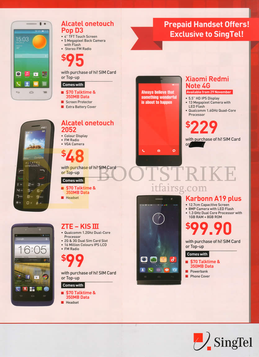 SITEX 2014 price list image brochure of Singtel Mobile Prepaid Alcatel Onetouch Pop D3, 2052, Xiaomi Redmi Note, ZTE - KIS III, Karbonn A19 Plus