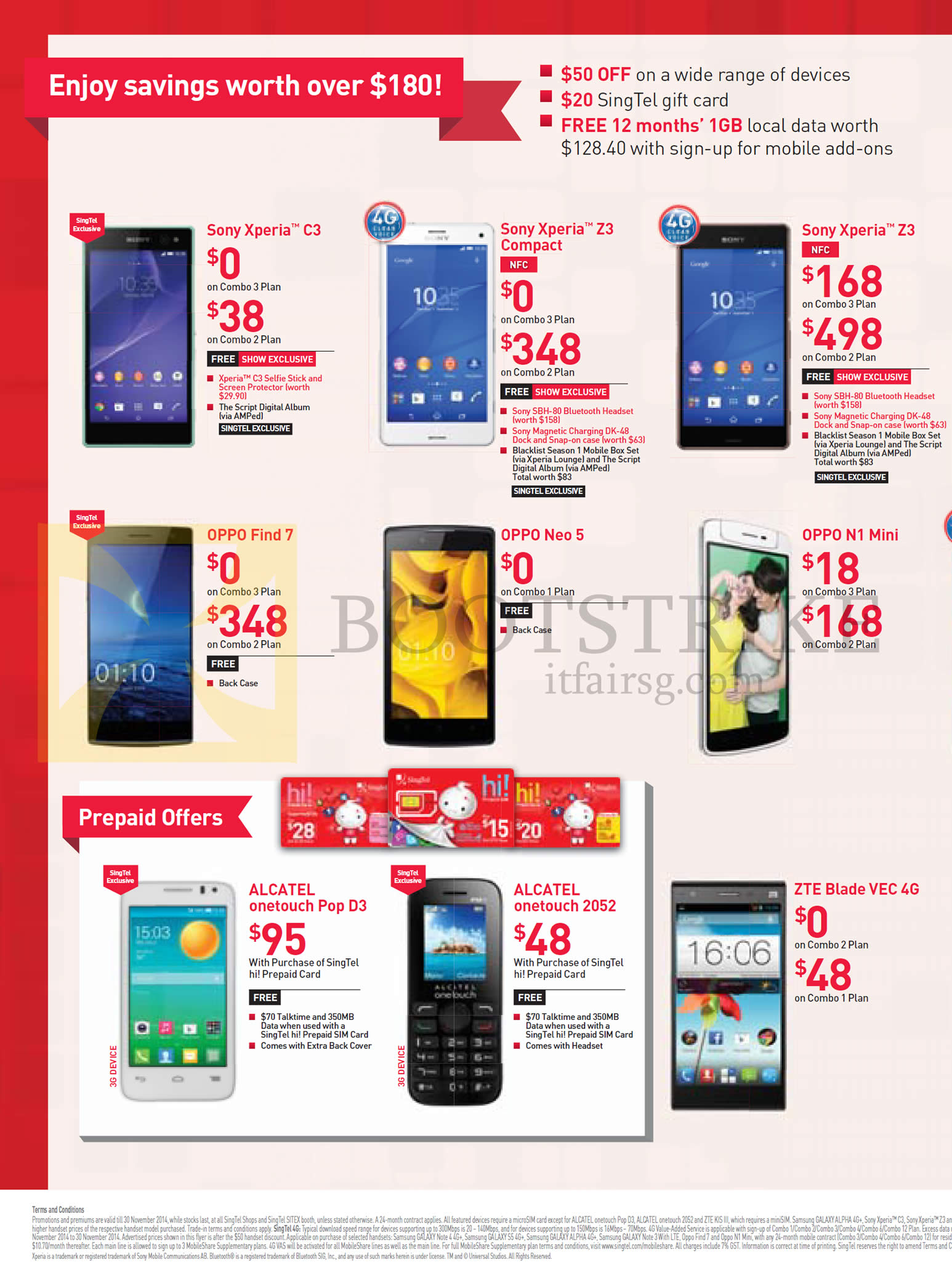 SITEX 2014 price list image brochure of Singtel Mobile Sony Xperia C3, Z3, Z3 Compact, Oppo Find 7, Neo 5, N1 Mini, ZTE Blade VEC, Alcatel Onetouch Pop D3, 2052