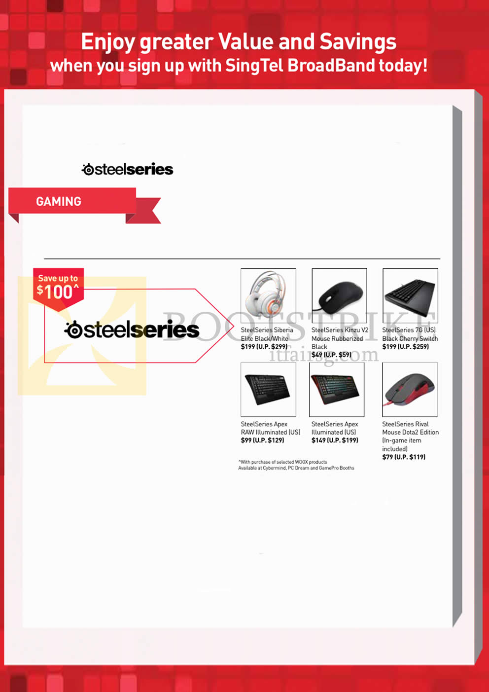 SITEX 2014 price list image brochure of Singtel Steelseries Headphone, Keyboards, Mouse