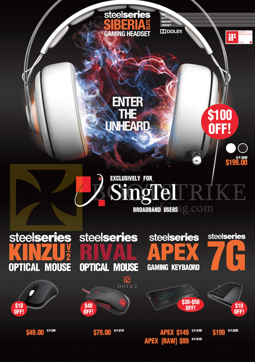 SITEX 2014 price list image brochure of Singtel Steelseries Mouse, Keyboard, Kinzu V2, Rival, Apex, 7G