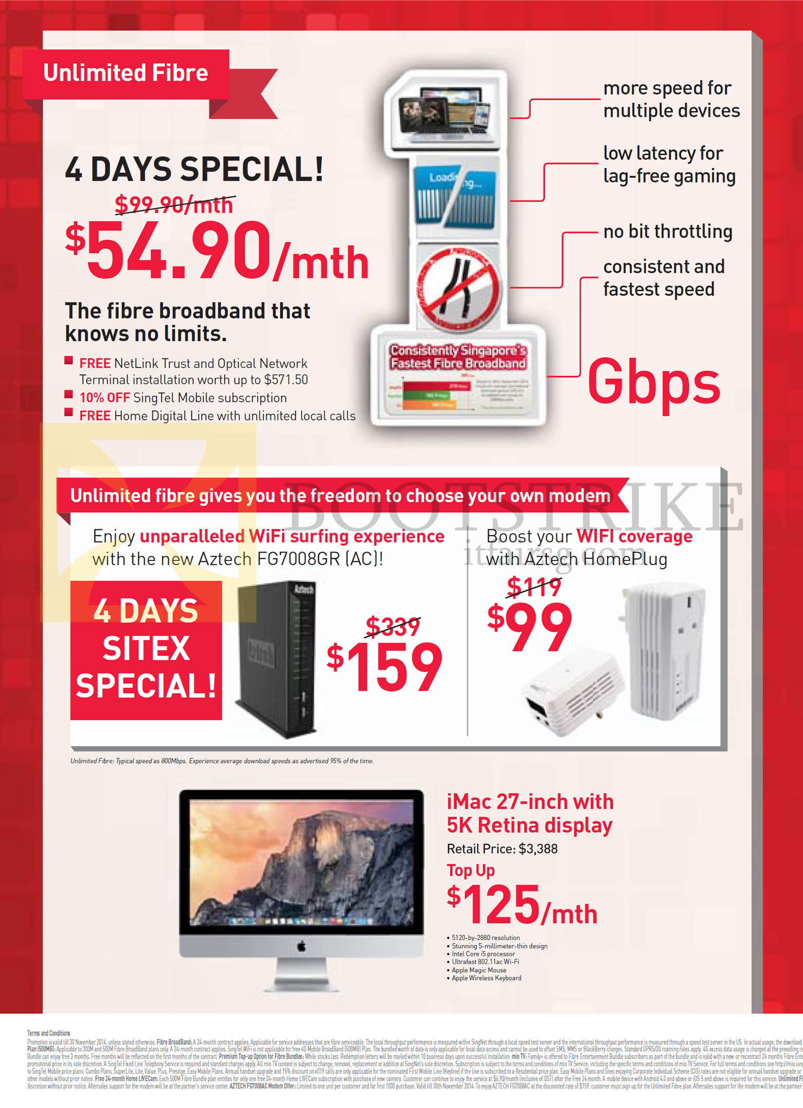 SITEX 2014 price list image brochure of Singtel Unlimited Fibre Broadband 54.90, Aztech FG7008GR, Aztech Home Plug, IMac