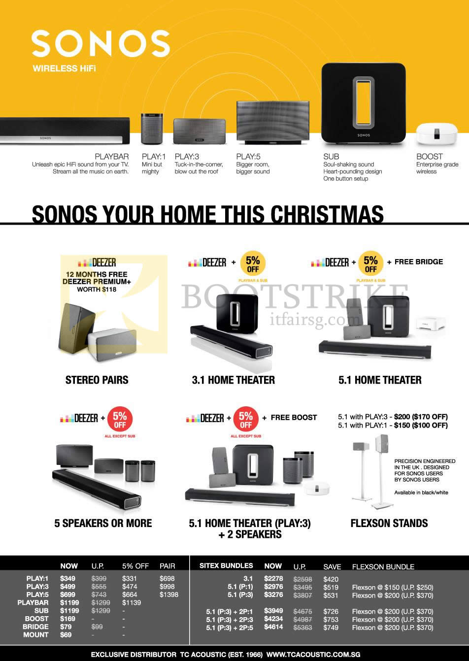 SITEX 2014 price list image brochure of Sonos Speakers Wireless Hifi, Play 1, Play 3, Play 5, Play Bar, Sub, Boost, Bridge, Mount