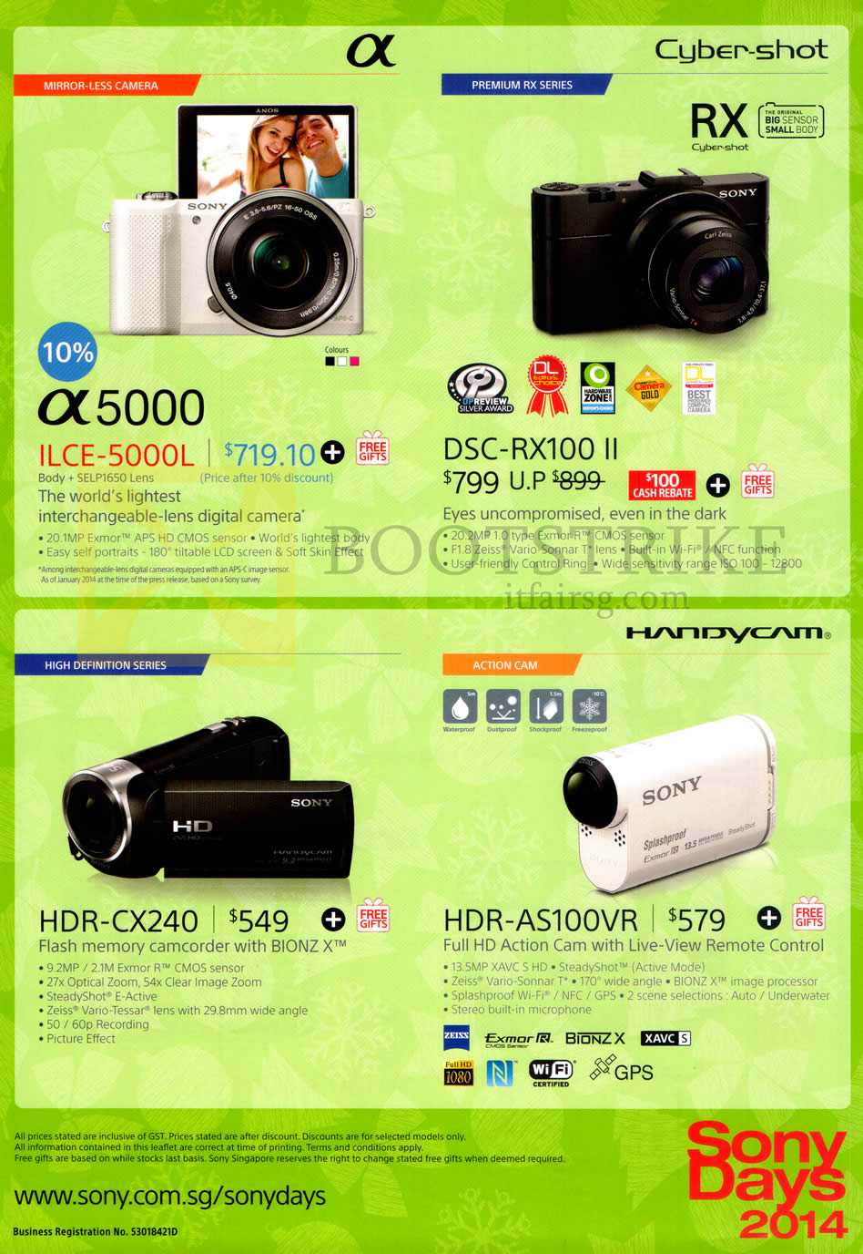 SITEX 2014 price list image brochure of Sony Digital Cameras, Camcorders, A5000, DSC-RZ100 II, HDR-CX240, AS100VR